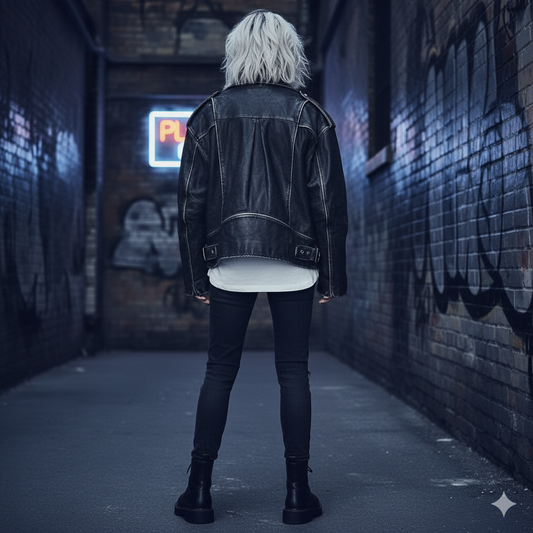 Black Leather Biker Jacket - Contrast Stitch Moto Style