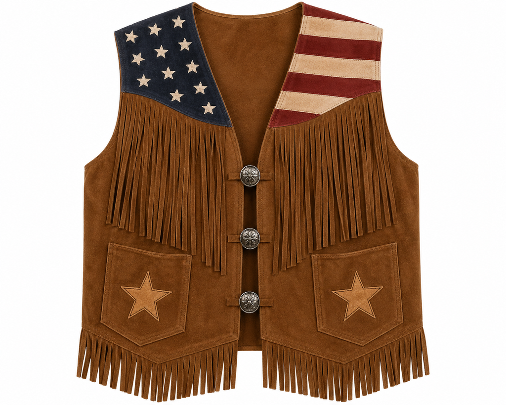 American Flag Suede Fringe Vest with Concho Buttons