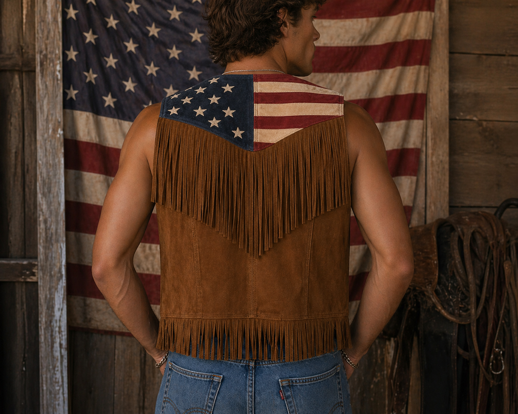 American Flag Suede Fringe Vest with Concho Buttons