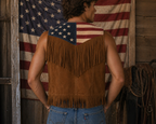 American Flag Suede Fringe Vest with Concho Buttons