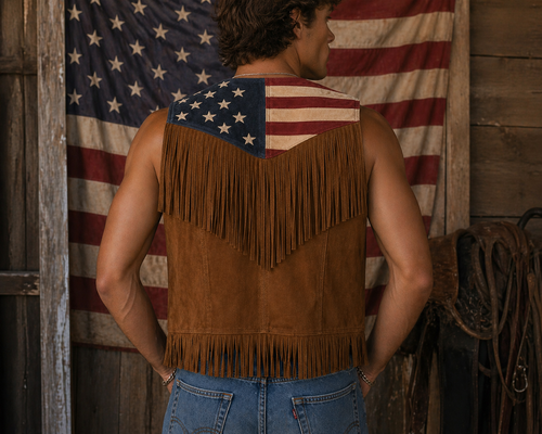American Flag Suede Fringe Vest with Concho Buttons