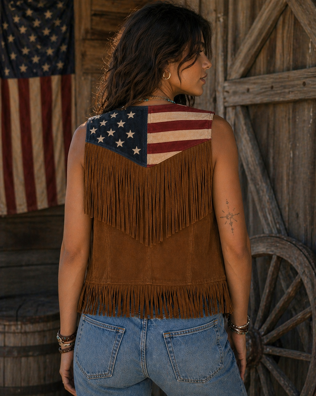 American Flag Suede Fringe Vest with Concho Buttons