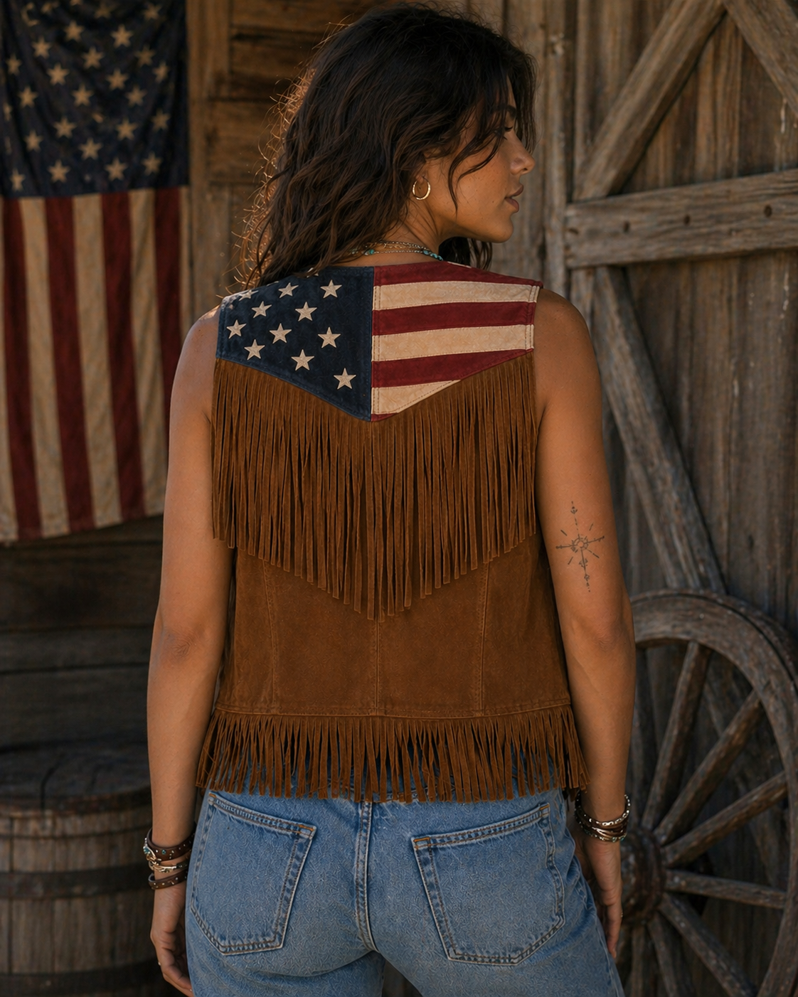 American Flag Suede Fringe Vest with Concho Buttons