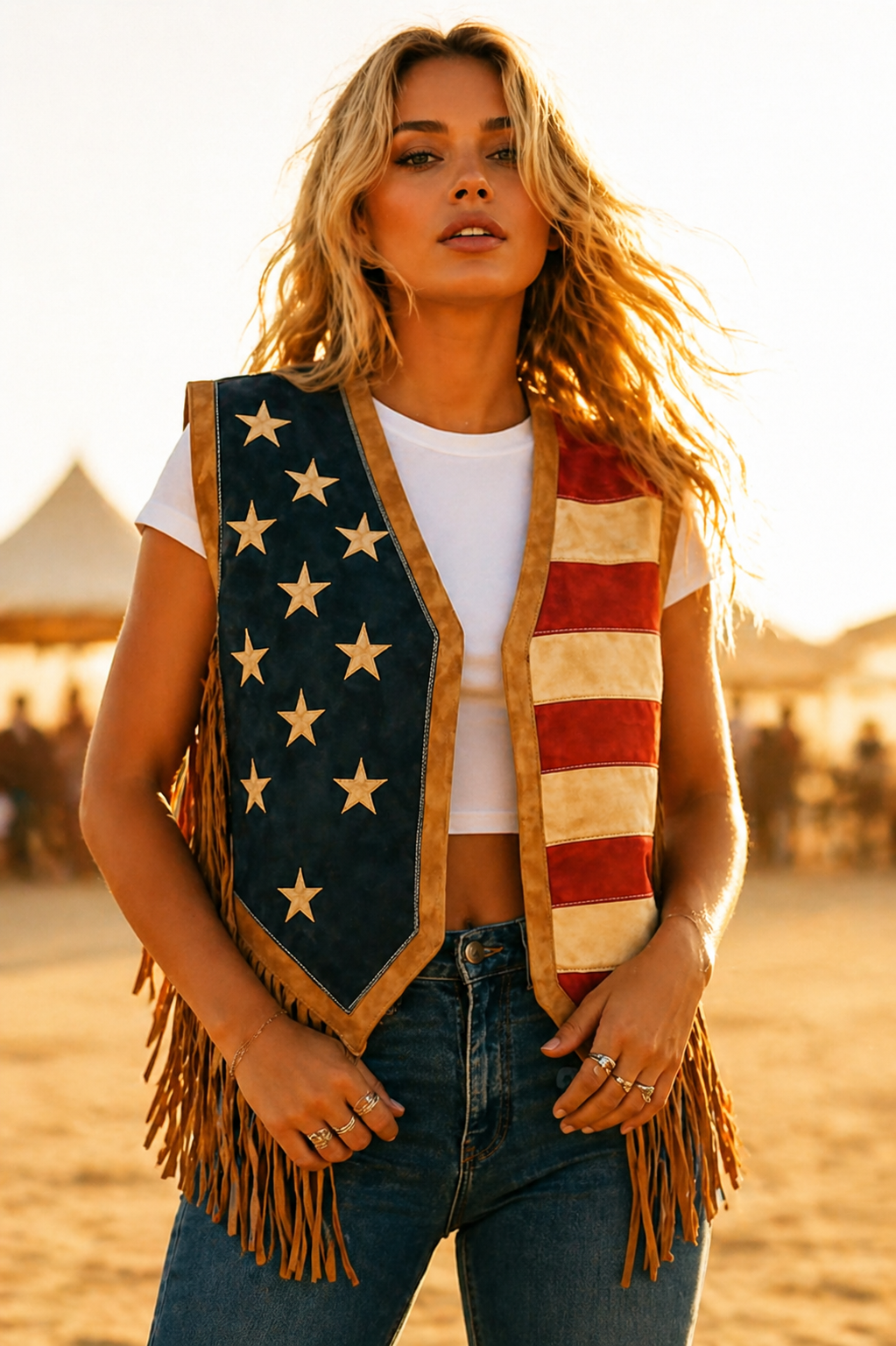 American Flag Leather Fringe Vest