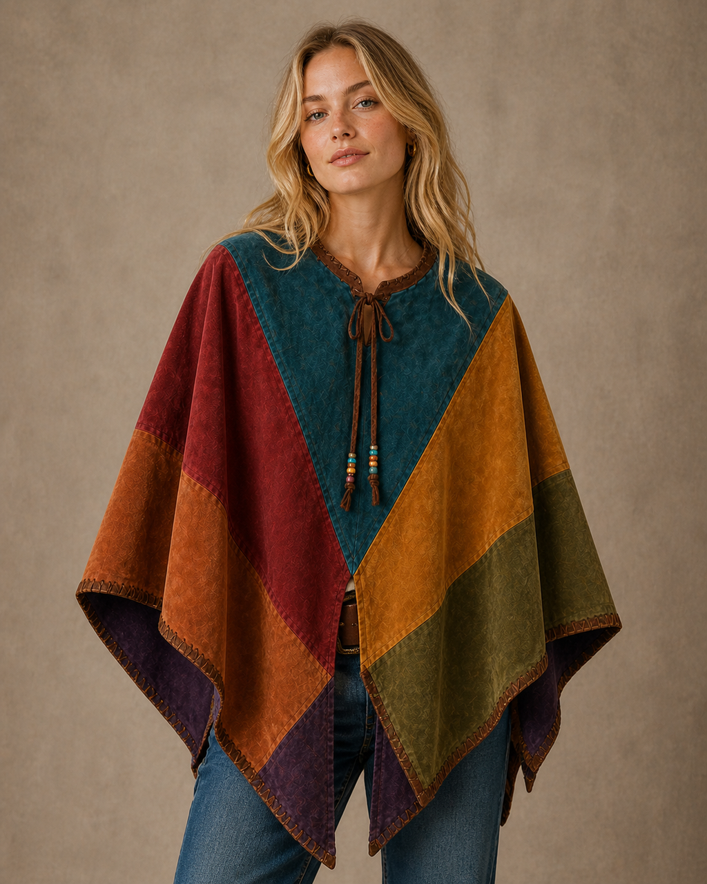 Boho Patchwork Suede Poncho Cape – Women's Festival Wrap
