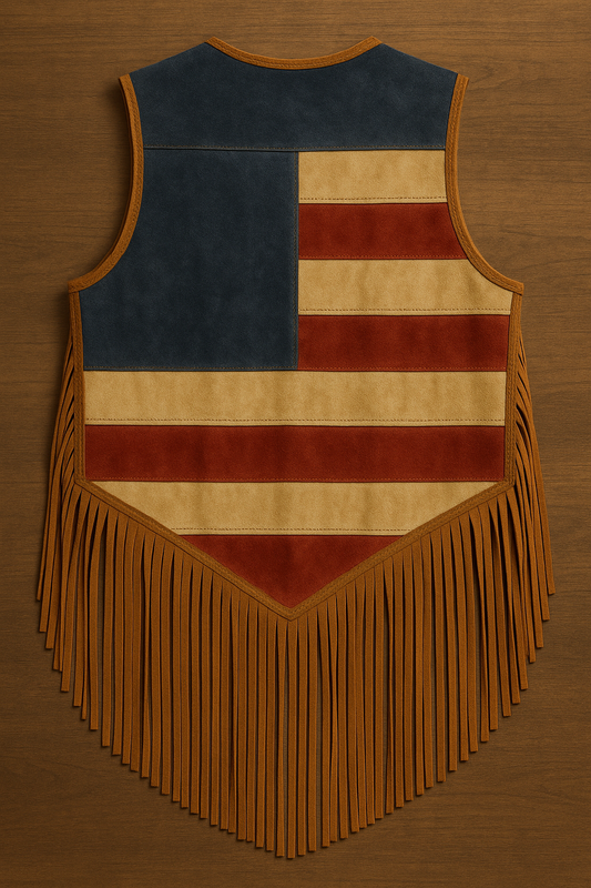 American Flag Leather Fringe Vest - Stars & Stripes Western Style