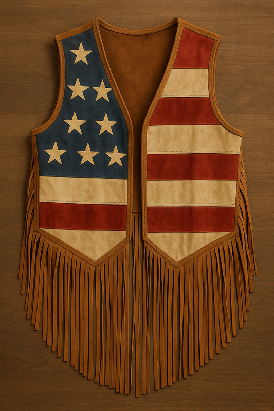 American Flag Leather Fringe Vest - Stars & Stripes Western Style