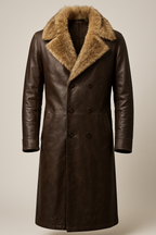 Brown Leather Coat with Fur Collar - Double-Breasted Overcoat