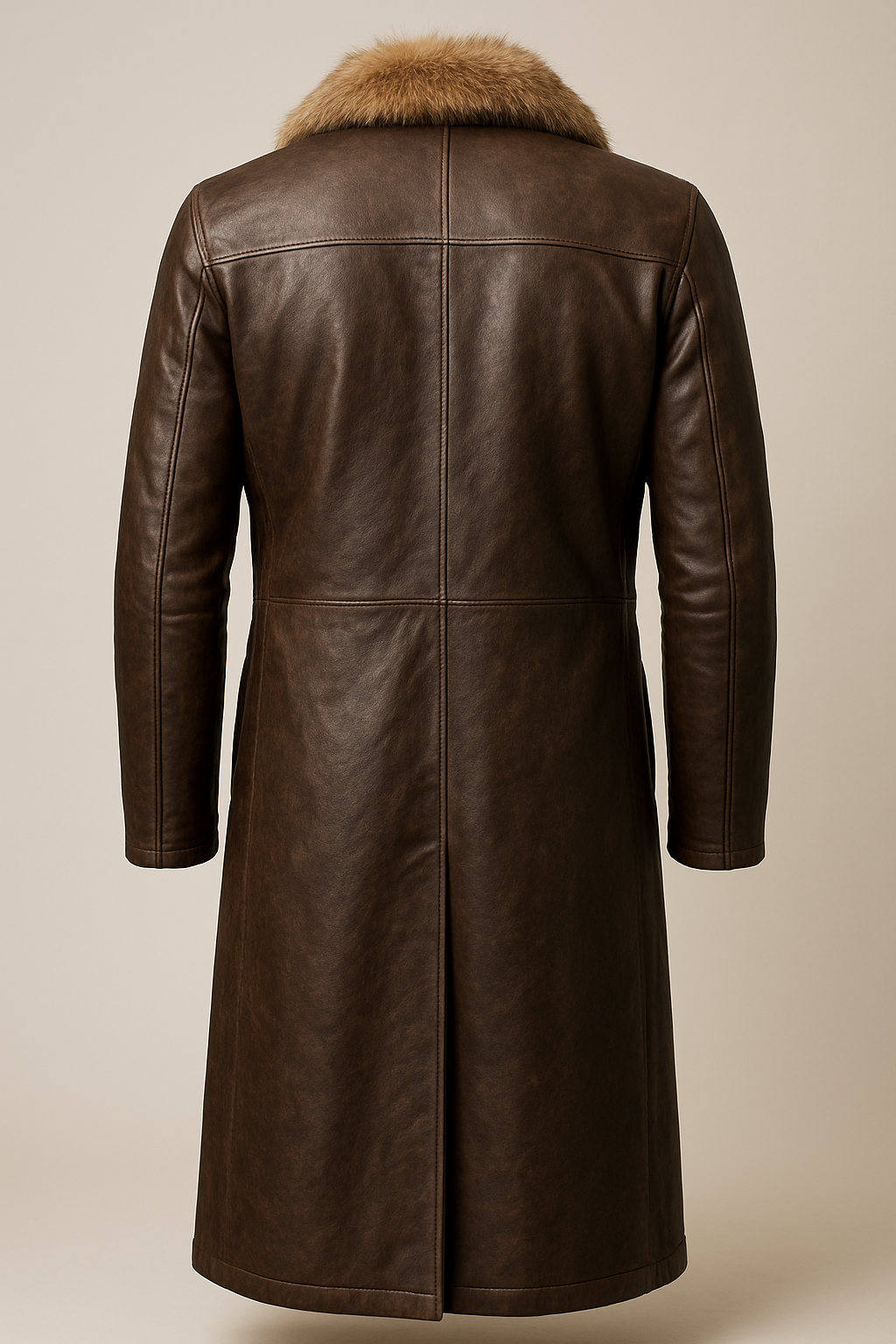 Brown Leather Coat with Fur Collar - Double-Breasted Overcoat