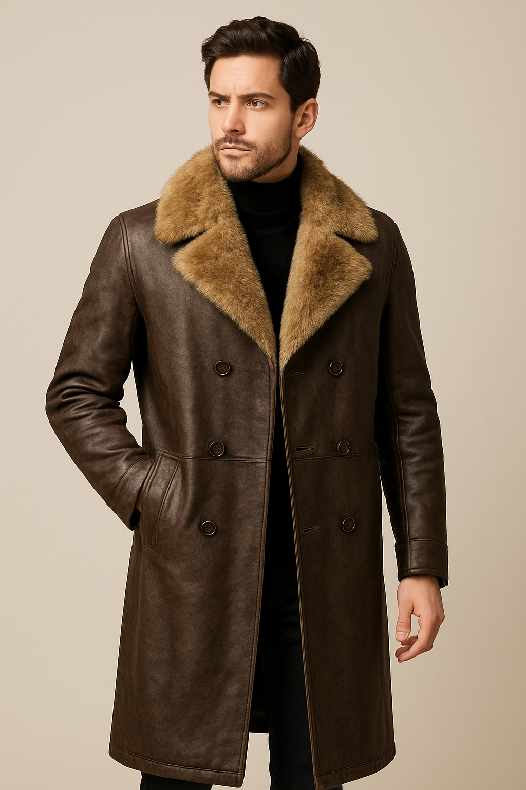 Brown Leather Coat with Fur Collar - Double-Breasted Overcoat