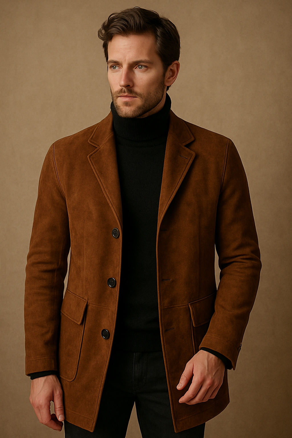 Brown Leather Blazer Coat - Tailored Three-Button Style