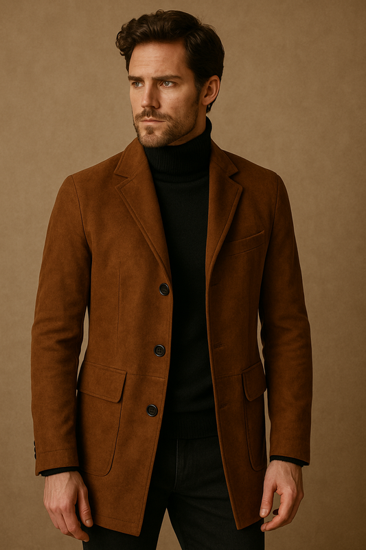 Brown Leather Blazer Coat - Tailored Three-Button Style