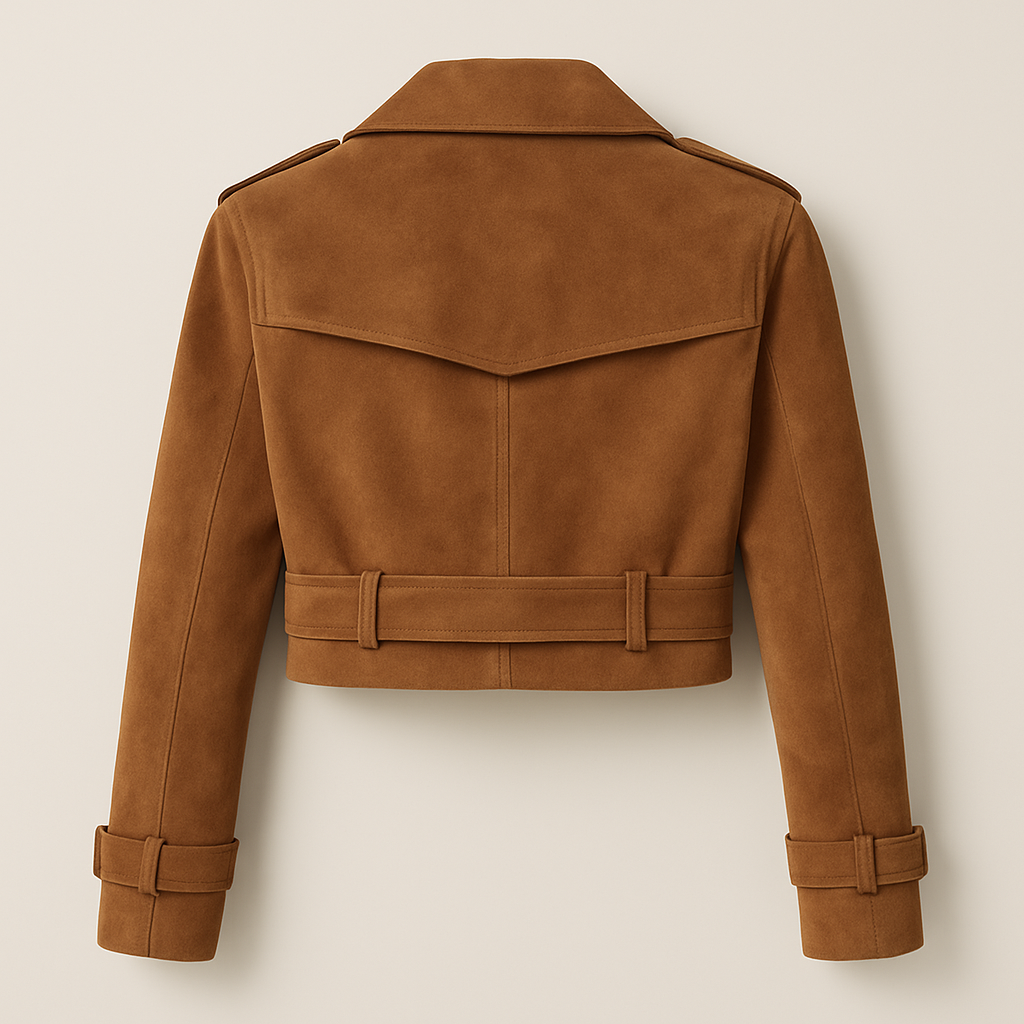 Tan Cropped Leather Jacket - Double-Breasted Trench Style