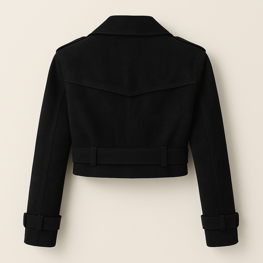 Black Cropped Leather Jacket - Double-Breasted Trench Style