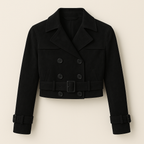 Black Cropped Leather Jacket - Double-Breasted Trench Style