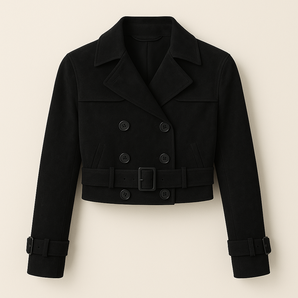Black Cropped Leather Jacket - Double-Breasted Trench Style