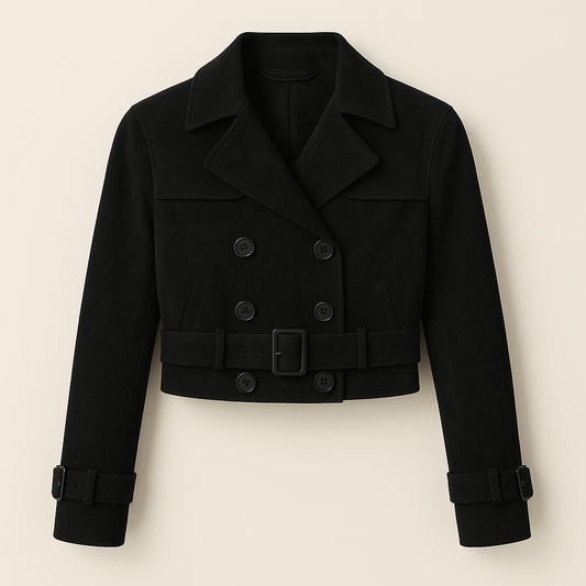 Black Cropped Leather Jacket - Double-Breasted Trench Style