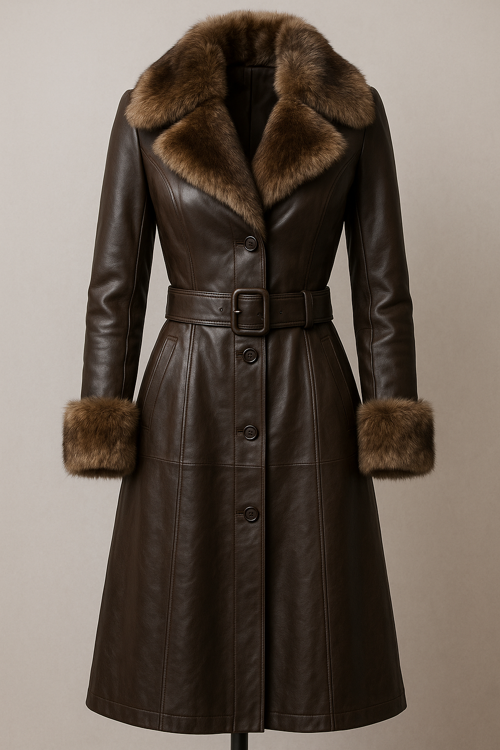 Brown Leather Coat with Fur Trim - Belted Princess Style