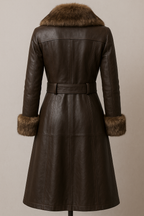 Brown Leather Coat with Fur Trim - Belted Princess Style