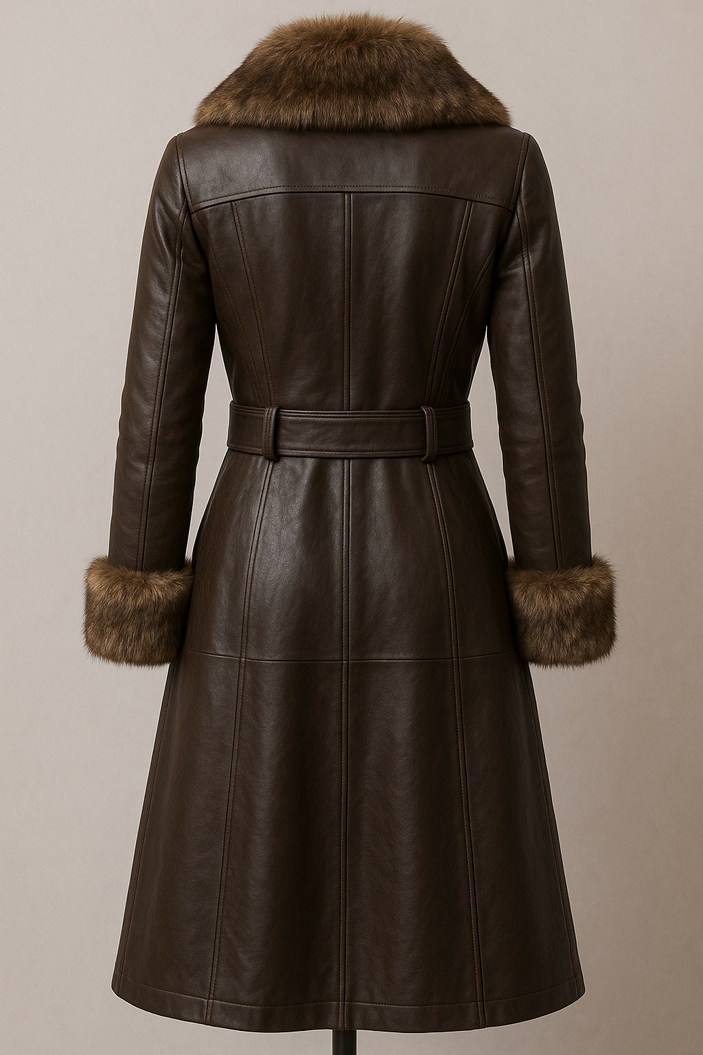 Brown Leather Coat with Fur Trim - Belted Princess Style