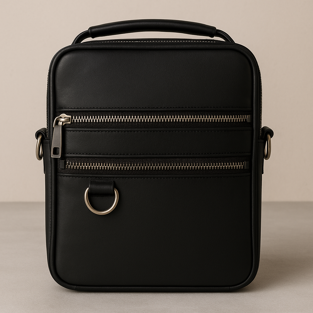 Black Leather Crossbody Bag - Compact Messenger Style