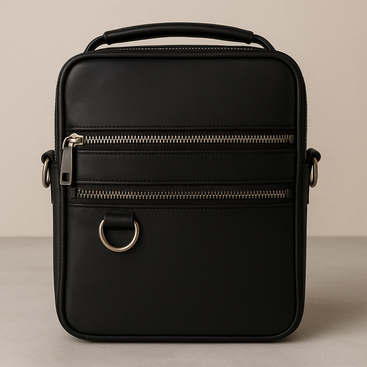Black Leather Crossbody Bag - Compact Messenger Style