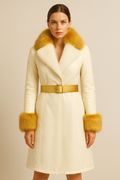 Cream Leather Coat with Mustard Fur Trim