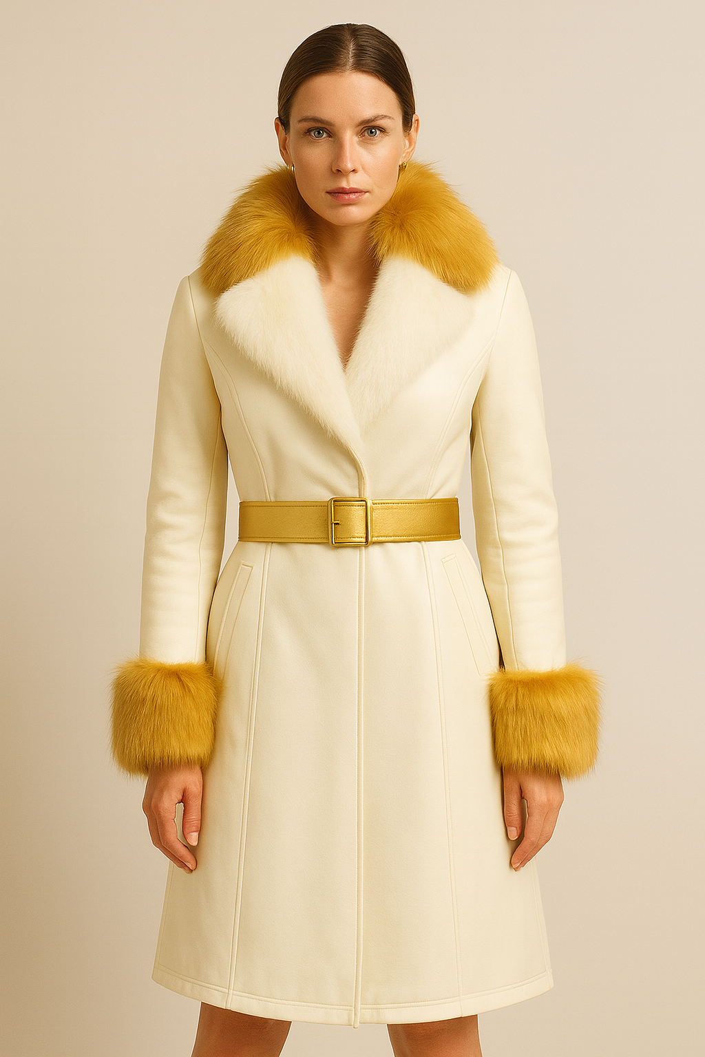 Cream Leather Coat with Mustard Fur Trim