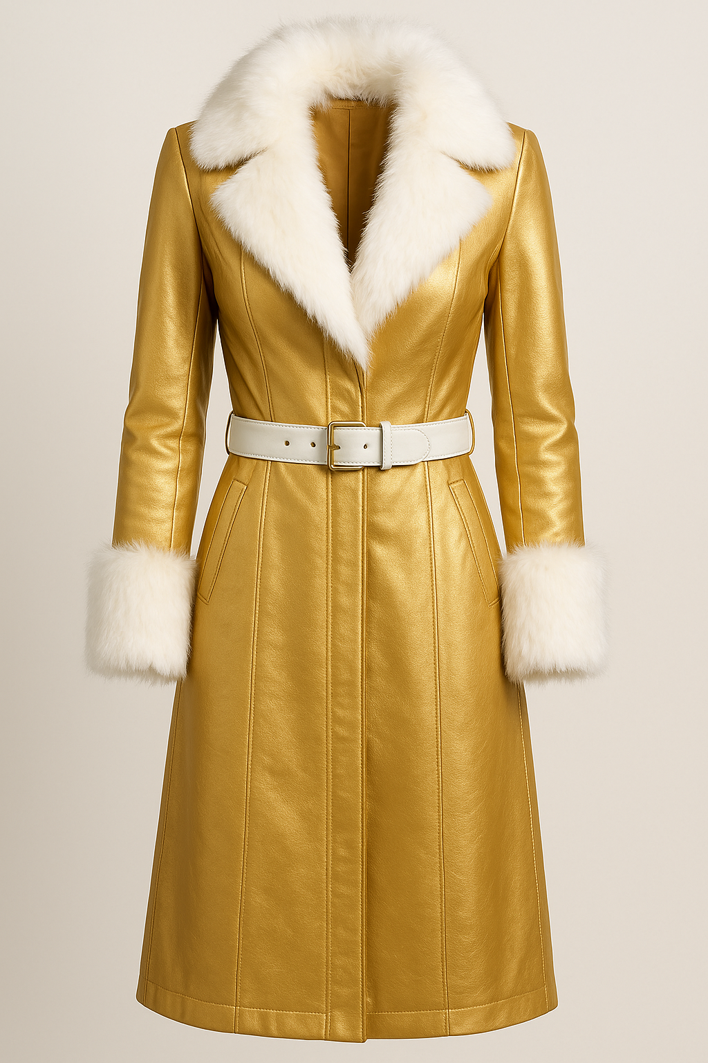 Golden Leather Coat with White Fur Trim