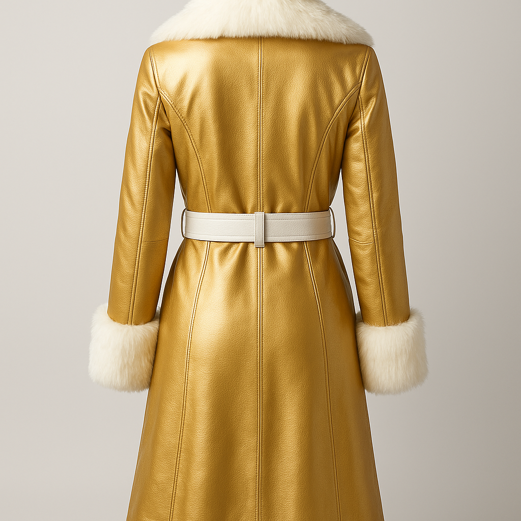 Golden Leather Coat with White Fur Trim