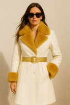 White Leather Coat with Golden Yellow Fur Trim