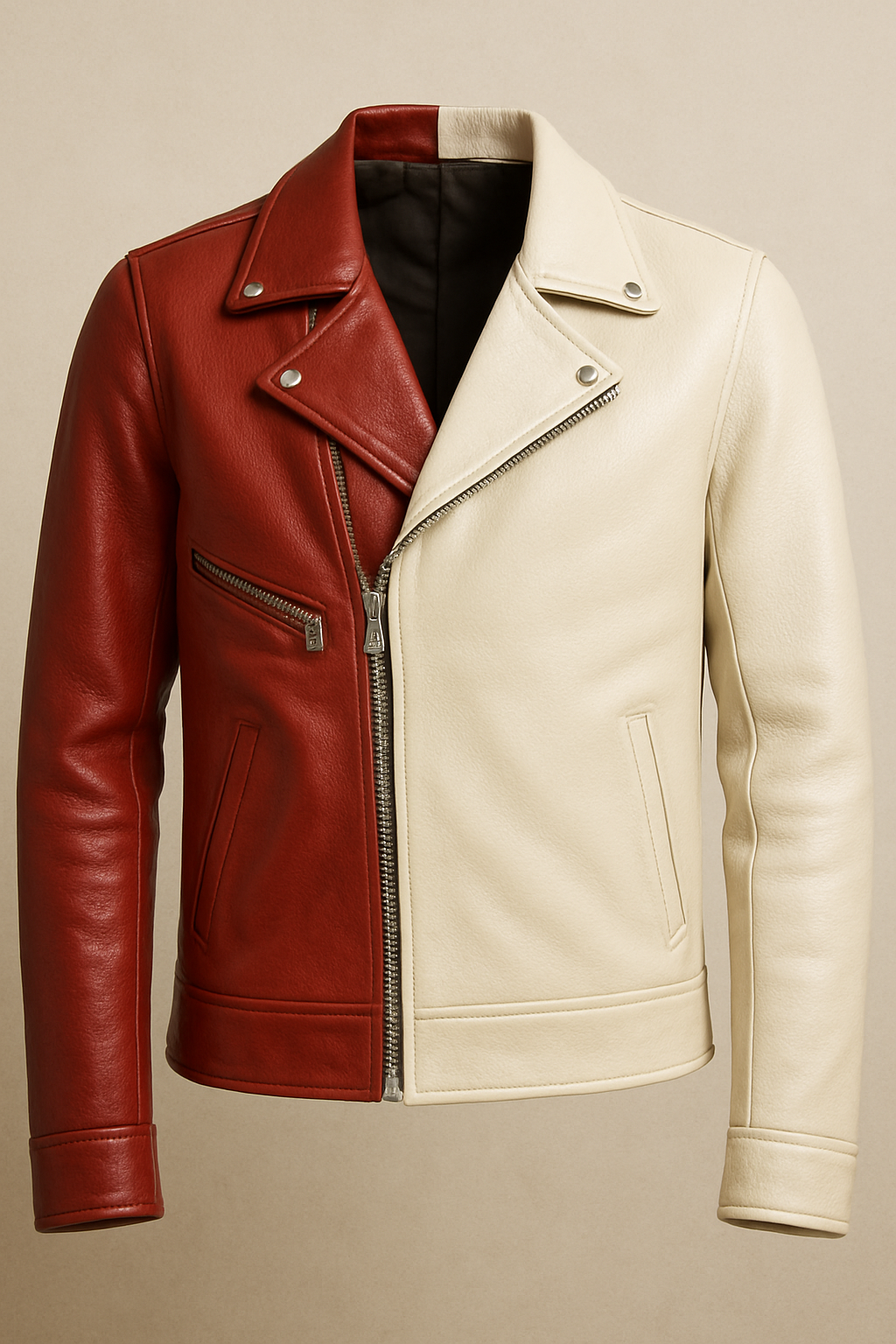 Two-Tone Leather Biker Jacket - Burgundy & Cream