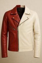 Two-Tone Leather Biker Jacket - Burgundy & Cream