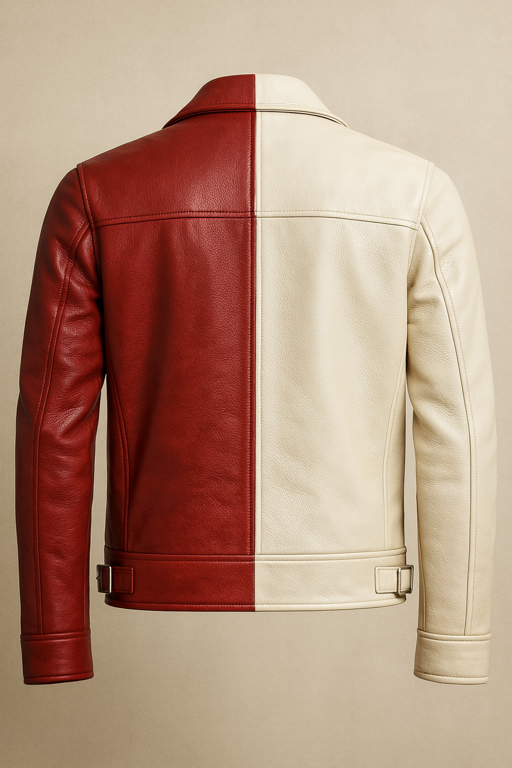 Two-Tone Leather Biker Jacket - Burgundy & Cream