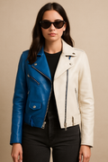 Two-Tone Leather Biker Jacket - Blue & White