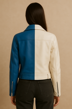 Two-Tone Leather Biker Jacket - Blue & White