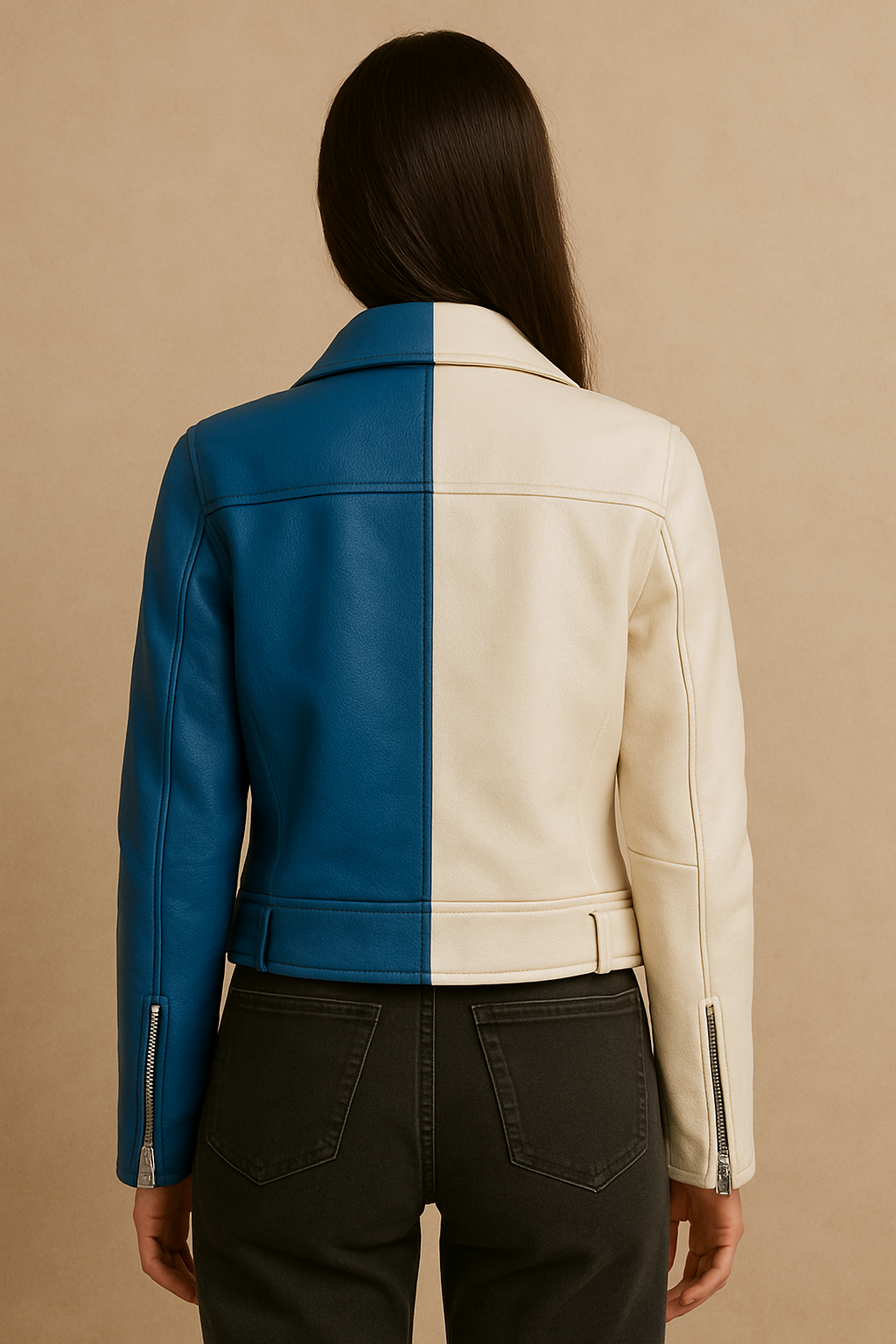 Two-Tone Leather Biker Jacket - Blue & White