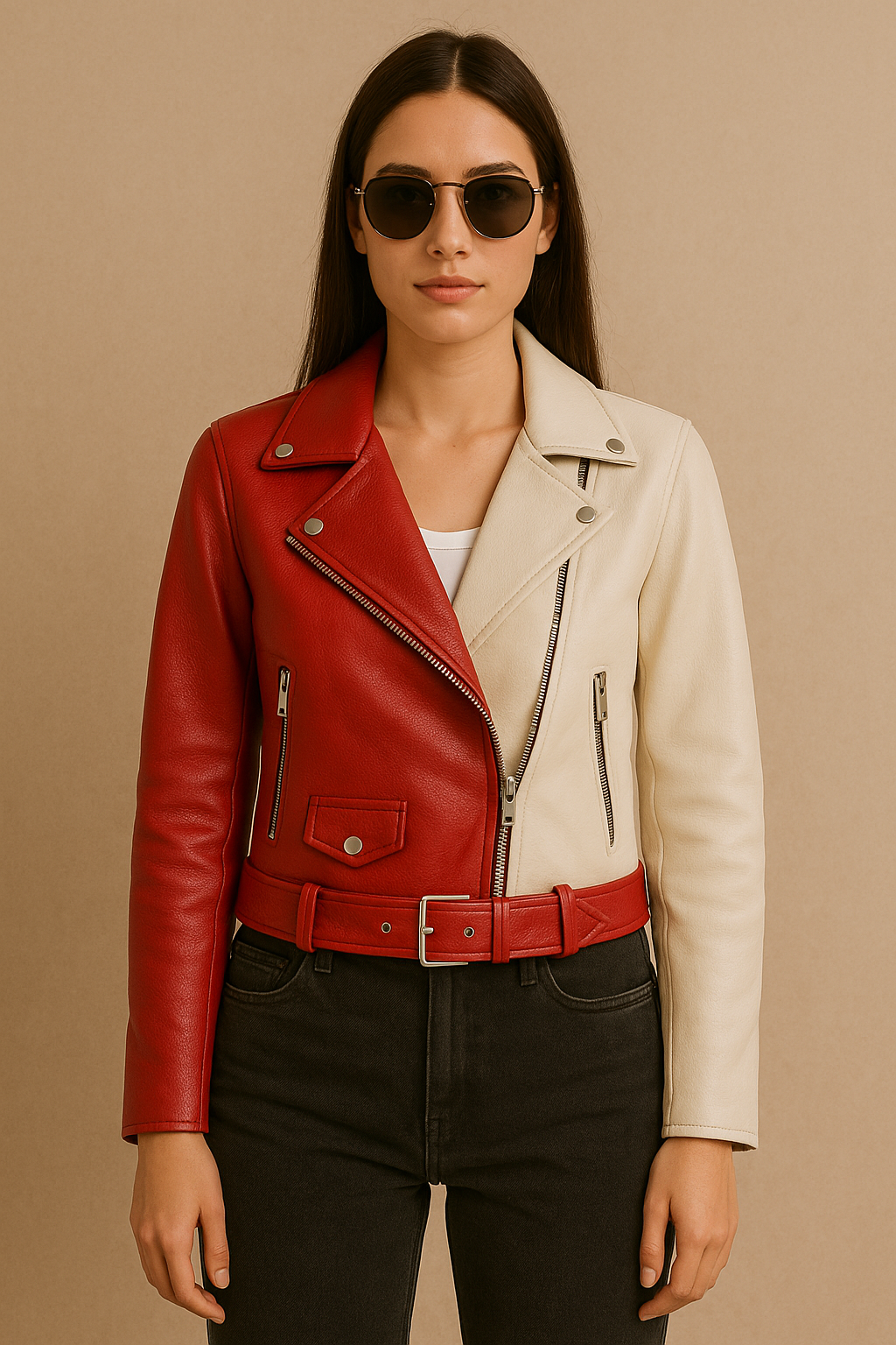 Two-Tone Leather Biker Jacket - Red & Cream