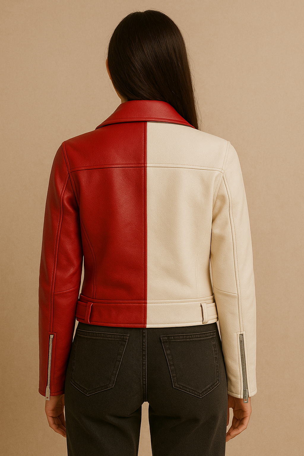 Two-Tone Leather Biker Jacket - Red & Cream
