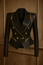 Women's Black Leather Blazer with Gold Concho Buttons & Zip Detail