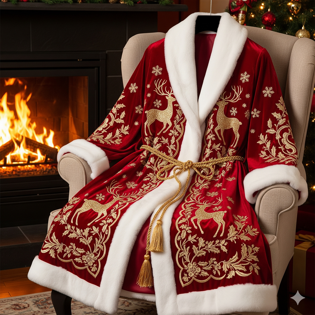Royal Embroidered Christmas Robe — Crimson & Gold