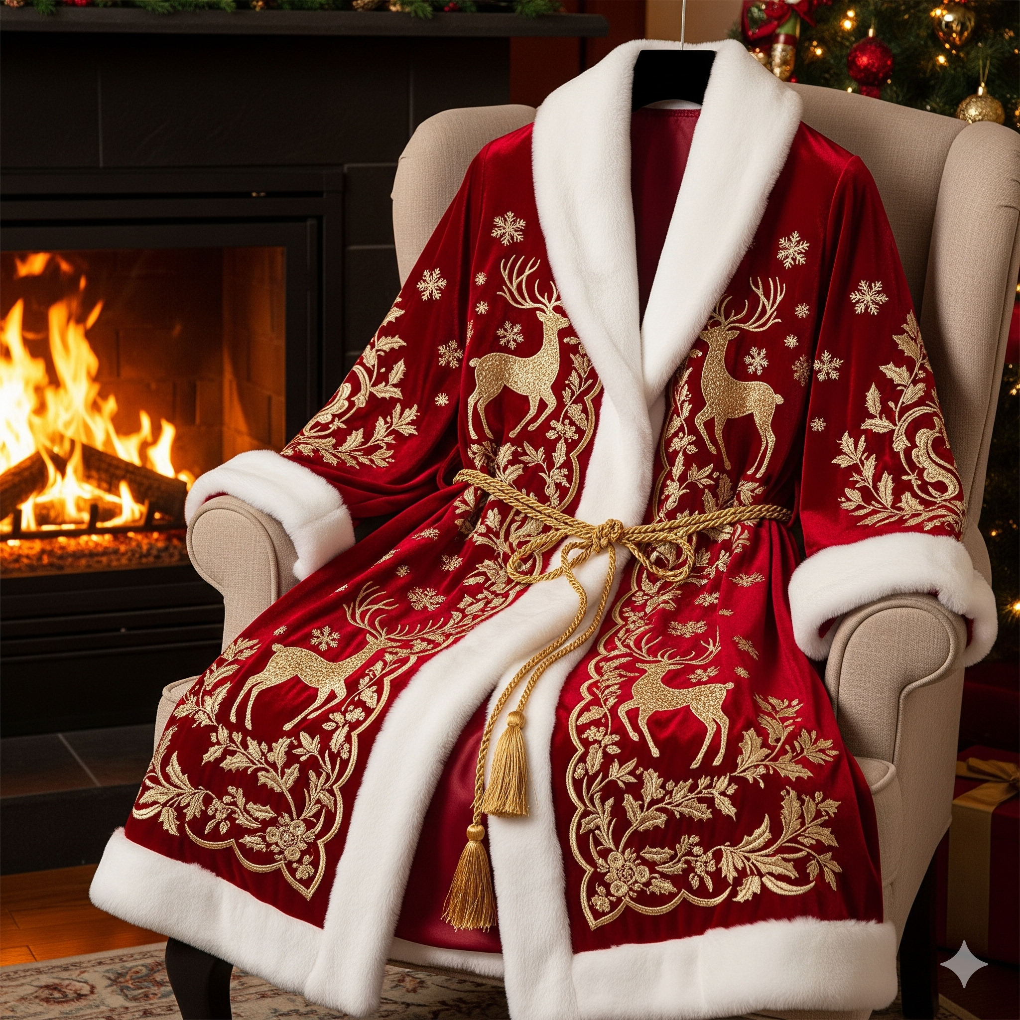 Royal Embroidered Christmas Robe — Crimson & Gold