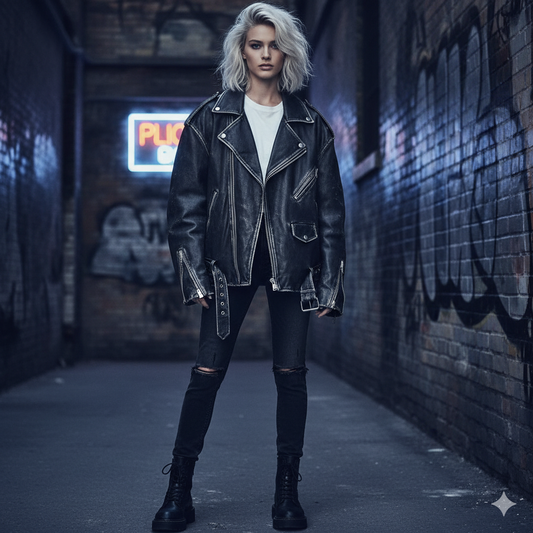 Black Leather Biker Jacket - Contrast Stitch Moto Style