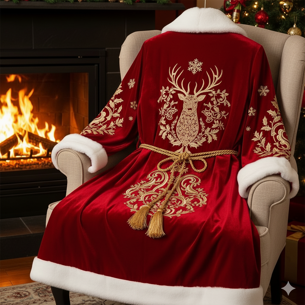 Royal Embroidered Christmas Robe — Crimson & Gold