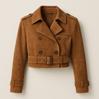 Tan Cropped Leather Jacket - Double-Breasted Trench Style