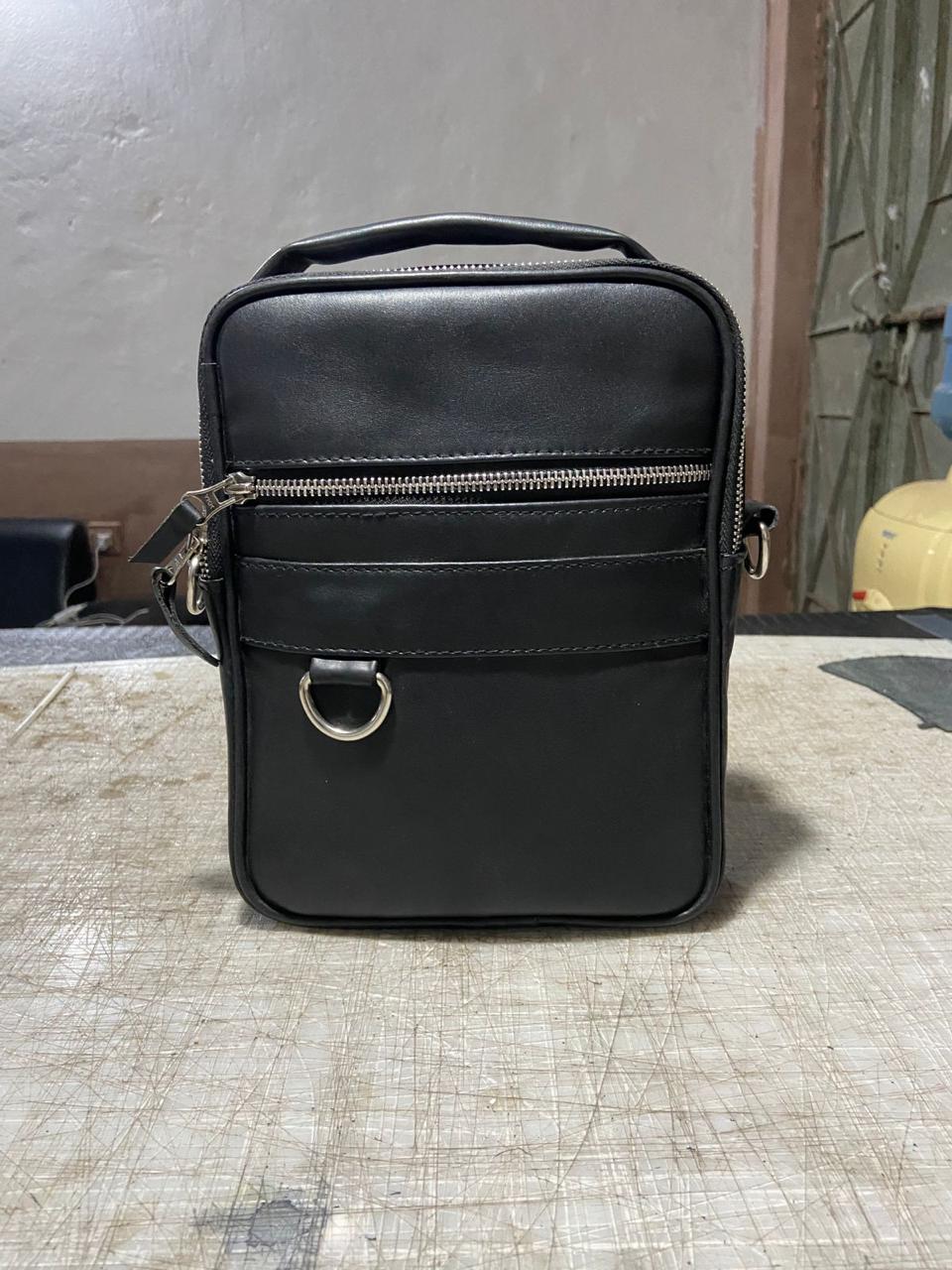 Black Leather Crossbody Bag - Compact Messenger Style