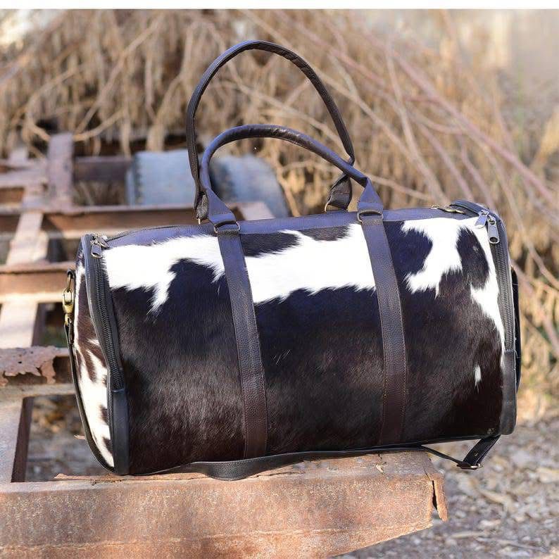 Cowhide Leather Duffle Bag - Black & White Travel Holdall