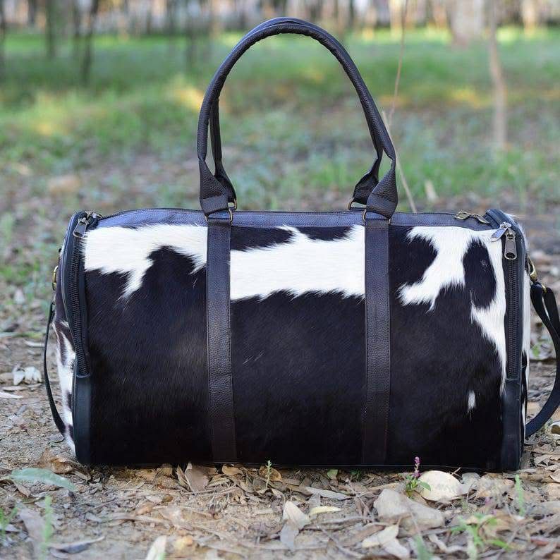 Cowhide Leather Duffle Bag - Black & White Travel Holdall