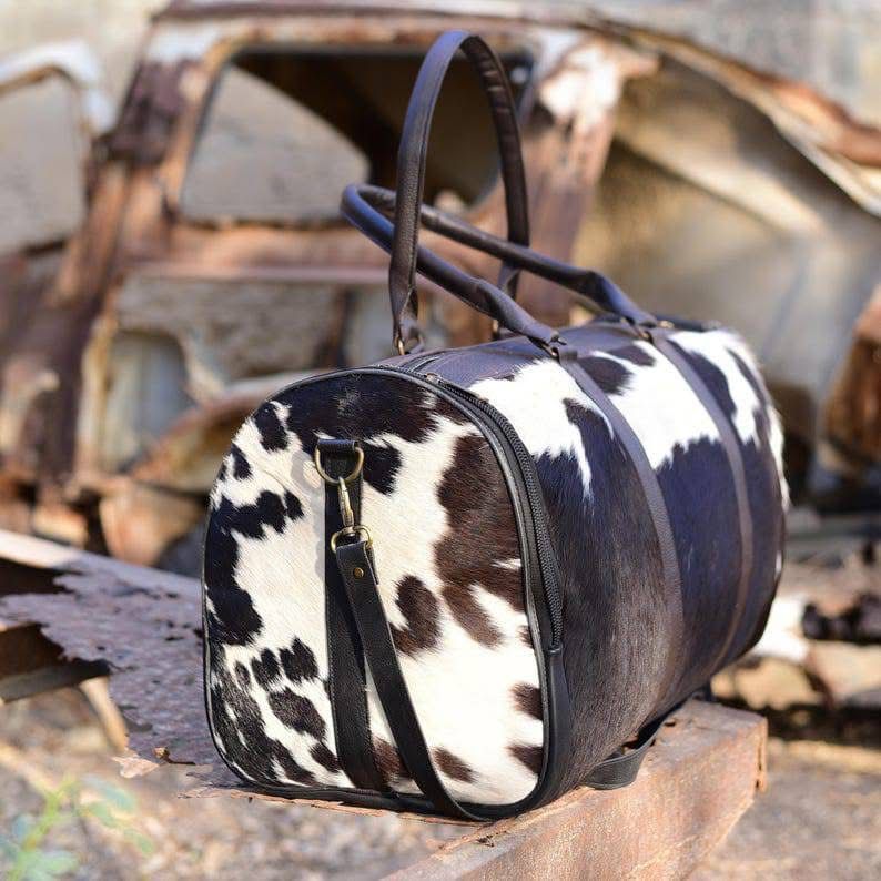 Cowhide Leather Duffle Bag - Black & White Travel Holdall