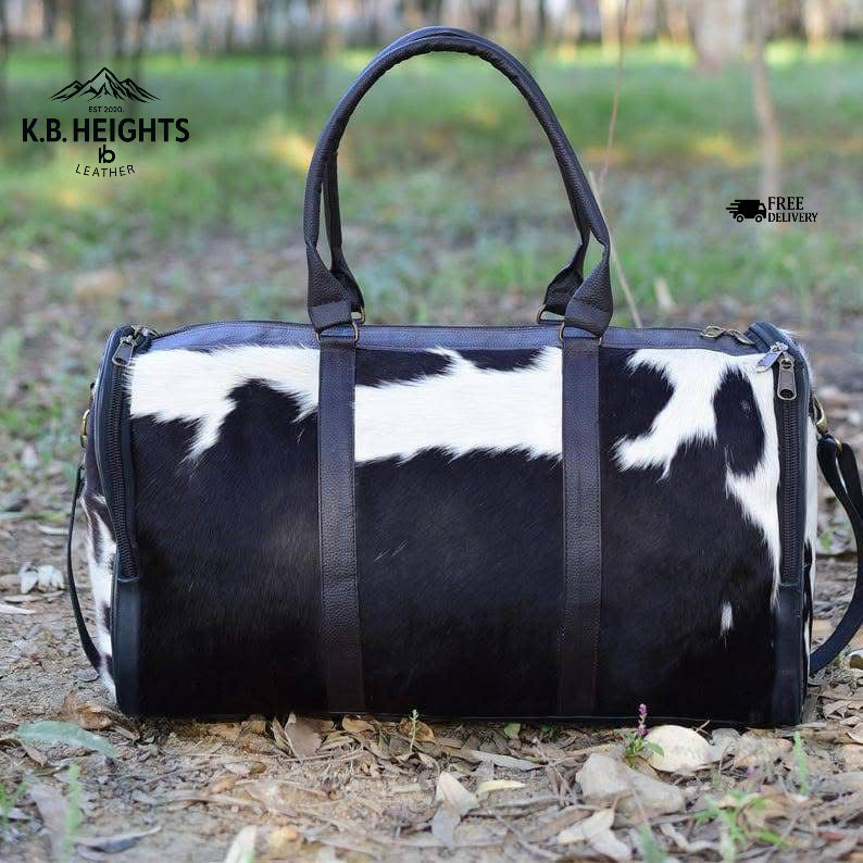 Cowhide Leather Duffle Bag - Black & White Travel Holdall
